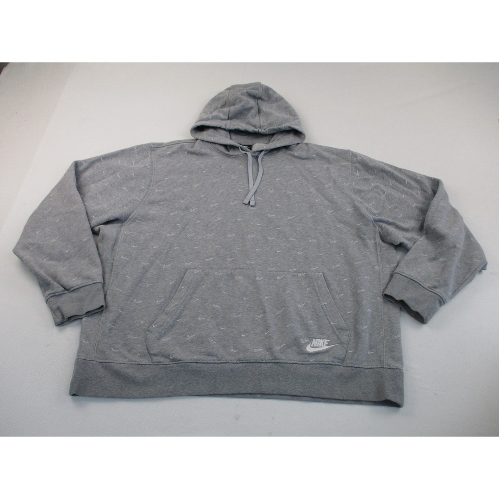 Nike Hoodie Mens XXL Gray All Over Mini Swoosh Print Pullover Fleece Relaxed Fit